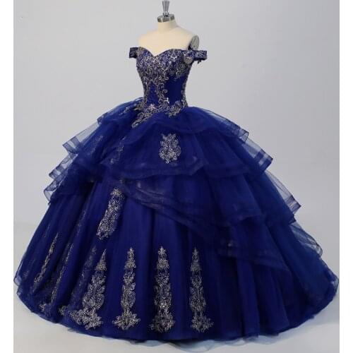 2021 Quinceanera Dresses Ball Gown Special Occasion Gold With Blue Appliques Sweet 15 16 Dress Gala Gown Custom Color Size