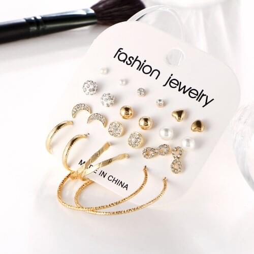 2021 Trend Fashion Stud Hoop Earrings Set For Women Girls Beads Moon Heart Ear Studs Hoops Earrings Party Wedding Daily Jewelry