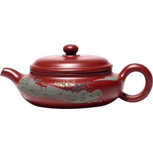 Yixing Teapot Ore Dahongpao Mud Painting Landscape Flat Drum Drinkware Handmade Purple Clay Zisha