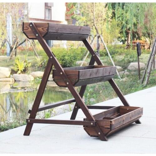 Carbonized anticorrosive wood multi-layer flower stand balcony solid wood flower box flower pot outdoor floor ladder shelf garde