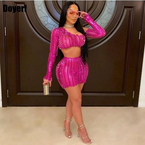 Club Party Sexy Two Piece Set Women Skirt and Top Bodycon Festival Clothing Hollow Out Off Shoulder 2 Piece Skirt Set for Women