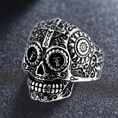 Gothic 316L Stainless Steel Skull Religious Cross Man Men Rings Punk Rock Skeleton Ring Biker Male Boy Jewelry Accessories Gift