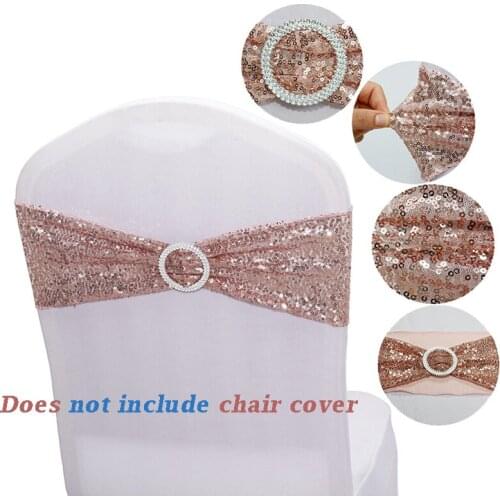 Chair Bands with Buckle Stretch Sequin Chair Sash Bows for Wedding Event Banquet Reception Birthday Party Chair Cover Decoration