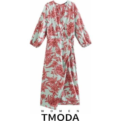 TMODA1874 Za 2021 Summer Women Floral Wrap Print Midi Dresses Long Sleeve Casual Dresses For Ladies Retro Pleated Dress Female