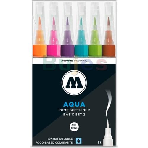 Molotow Aqua Ink Soft Liner Brush Pump Marker Set, Soft Edged 1mm Brush Nib Perfect for Watercolor Techniques