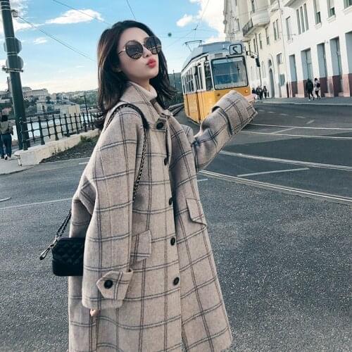 2020 new autumn and winter temperament all-match Japanese thick plaid woolen coat woolen coat womens mid-length