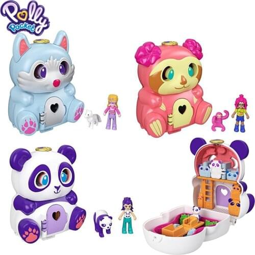 Original Polly Pocket Mini lip & Find Compact Assortment Panda animal cene educational toys for Girls Birthday Christmas Gifts