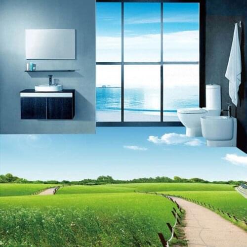 Custom 3D Photo Wallpaper Bathroom Meadow Blue Sky White Clouds 3D Floor Sticker Mural PVC Self-adhesive Wallpaper Waterproof