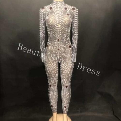Luxurious Pearls Crystals Mesh Jumpsuit Women Stage Dance Black Perspective Bodysuit Party Singer Costume Celebrate Outfit Dress