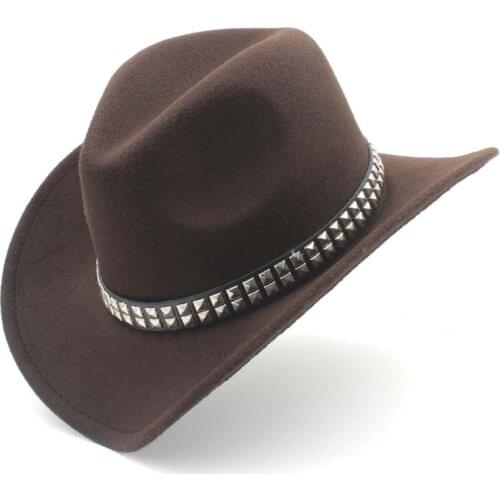 Women Men Wool Punk Belt Western Cowboy Hat With Wide Brim Felt Cowgirl Jazz Godfather Sombrero Cap Size 56-58CM