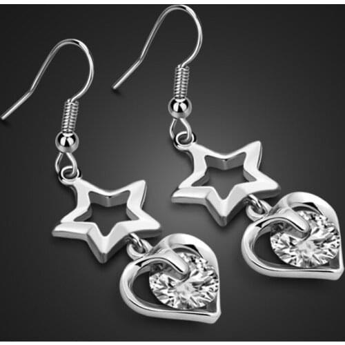 Chic girl pop jewelry 925 sterling silver earrings zircon inlaid stars heart-shaped earrings solid silver earrings not allergic
