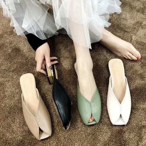 Peep Toe Slippers Women Heel Leather Pumps Sandals Summer Spring Casual Drags Slides 4 CM