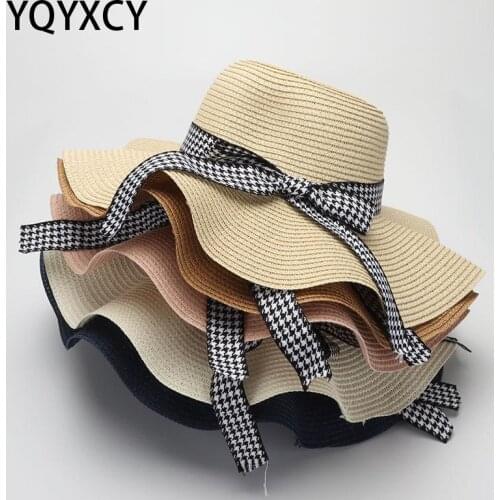 YQYXCY Summer Women Straw Hat Bowknot Wide Brim Floppy Panama Hats Female Lady Outdoor Foldable Beach Sun Cap Sunshade Suncreen