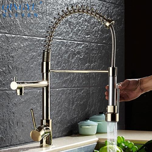 QINGYU ELEVEN Gold Kitchen Faucet Pull out Side Sprayer Mixer Tap Kitchen Sink Faucet 360 Rotation Kitchen Faucets