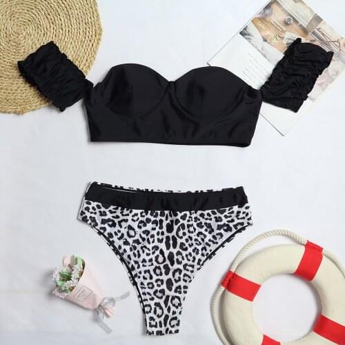 Sexy High Waist Bikini Swimwear Off Shoulder Women Swimsuit 2 Pieces Leopard Print Bikinis Set 2021 Bathing Suit Beachwear