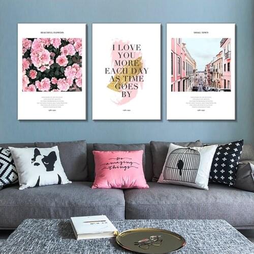 Modern Simple Pink Flower Posters, Architectural Street View Letters, Canvas Paintings, Printed Murals, Family Gifts 50X70