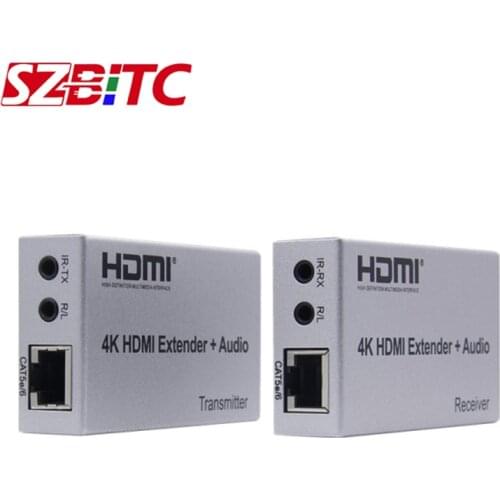 SZBITC 100m HDMI Extender 4K@30Hz R/L Audio Out over Cat 5e/6 RJ45 Single Ethernet Converter HDMI Transmitter Receiver For CCTV
