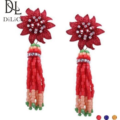 DiLiCa Fashion Drop Earrings for Women Handmade Rhinestone Flower Statement Earrings Female Beads Earrings Tassels Jewelry