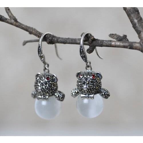 FNJ Bear Drop Earrings 925 Silver Original Pure S925 Sterling Silver Earring for Women Jewelry Opal Animal