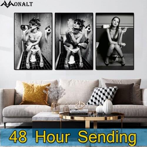 Woman Smoking in Bathroom Fashion poster and Prints HD canvas print Hoom Decor living room wall art Abstract Figure Painting