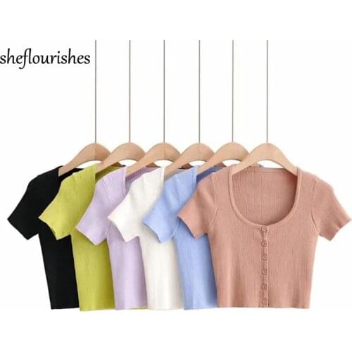 Vintage cropped cardigan women short sleeve sweater knitted u neck button up tops 2021 summer white black sweater purple