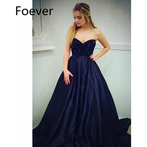 2019 Newest Navy Blue Evening Dresses Long with Pockets Beaded Sweetheart Satin A-Line Formal Evening Party Dress for Women