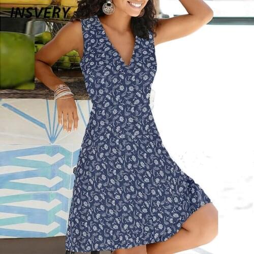 2021 Robe Retro Ladies Dress Summer Sleeveless V Neck Flower Print Knee-Length Wrap Dress Red Black Blue White Plus Size Dresses