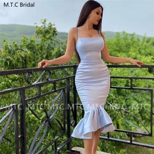 2021 Short Baby Blue Mermaid Prom Dresses Strapless Spaghetti Straps Sexy Women Wedding Party Formal Prom Gowns Wholesale