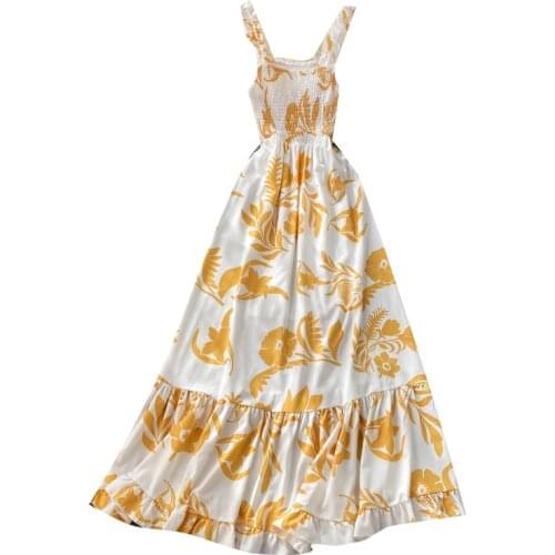 2021 New Summer Women Beach Vacation Sexy Elastic Slim Strap Dress Fashion Retro Print Elegant Long Dress