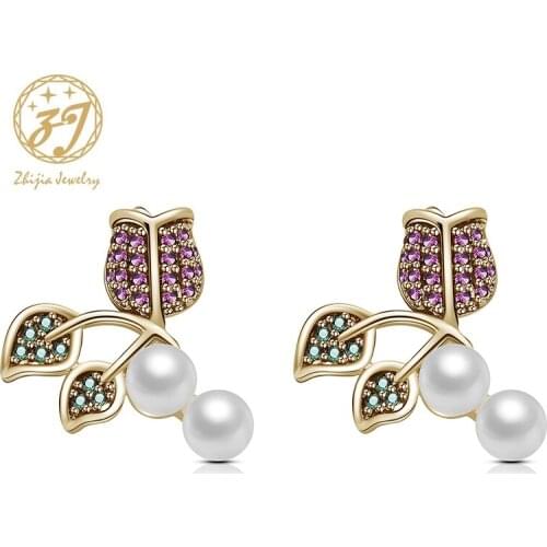 Zhijia Luxury Fashion Brand Pearl Crystal Rhinestone Flower Stud Earrings For Women Valentines Day Gifts Dress Accessories