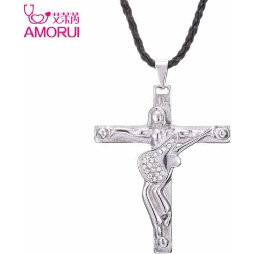 50Pcs/Lot Rock Star Johnny Hallyday Guitar Cross Pendant Necklace Stainless Steel Men Leather Croix Chain Necklaces Crucifix