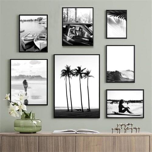 Black White Waves Beach Girl Surfboard Palm Tree Boat Nordic Poster Wall Art Print Canvas Painting Decor Picture For Living Room