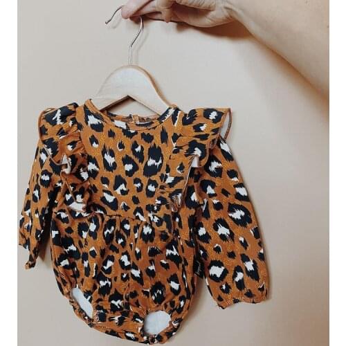 FOCUSNORM 2pcs Baby Girls Boys Cute Romper Headband Outfits 0-18M Leopard Printing Ruffles Long Sleeve Jumpsuits