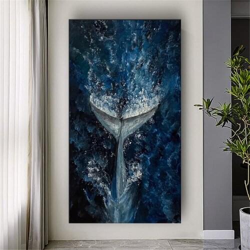 Hand-Painted Large Big Fish Pictures Blue Whale Shark Oil Paintings On Canvas Wall Painting Office Decor Arts Abstract Seascape
