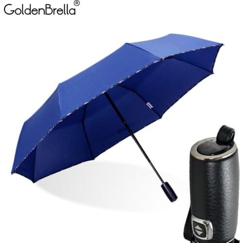 Classic Fully-automatic Umbrella Rain Women 2Folding Quality Strong Wind Resistance Imitation Leather Handle Men Umbrella