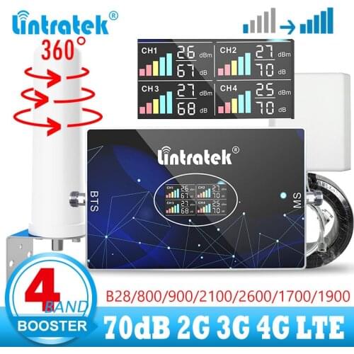 Lintratek 4 Band Cellular Signal Booster Amplifier LTE 800 900 1800 2100 Repeater B28 700 850 1900 1700 AWS GSM 2G 3G 4G 2600 B7