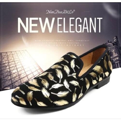 New Low Poly Pattern Men Loafers Feather Gold Printed Mens Casual Shoes Handmade Comfortable Cotton Insole Men Flat
