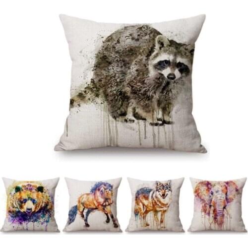 Cute Watercolor Animals Wolf Zebra Giraffe Raccoon Splash Art Home Decor Car Throw Pillow Cover Cute Baby Kids Cushion Cover
