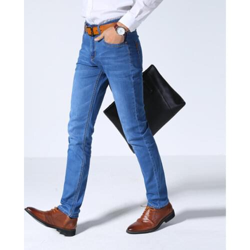 QUANBO Mens Classical Slim Fit Jeans 2021 New Men Business Casual Stretch Slim Denim Pants Light Blue Black Male Trousers