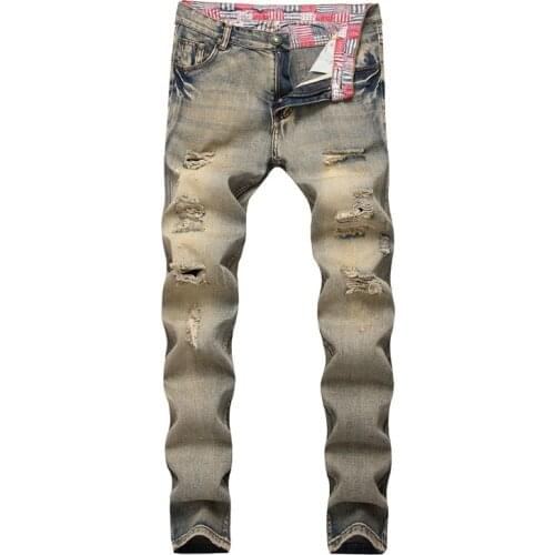 Male Streetwear Hip Hop Straight Retro Yellow Wash Denim Trousers New Distressed Ripped Mens Slim Fit Biker Jeans Motorcycle