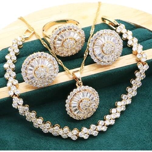 New Arrivals Gold Color Jewelry Sets For Women Wedding White Red Crystal Bracelet Earrings Necklace pendant Ring Christmas Gift