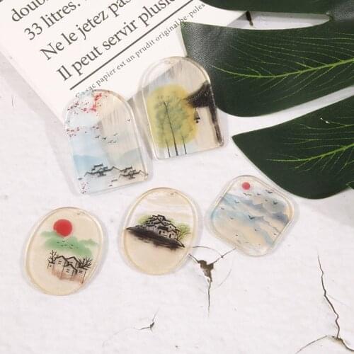 National style 30pcs/lot color landscape pattern print geometry ovals/square shape acrylic beads diy jewelry earring accessory