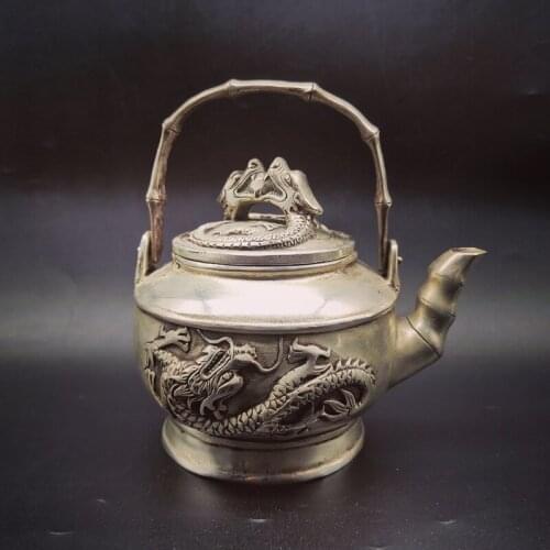 Charming Handmade tibet silver Relief dragon pot dragons playing wine pot, teapot