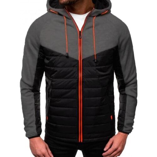 Autumn Winter Men Casual Long Sleeve Hoodie Zip Color Block Pockets Hooded Coat
