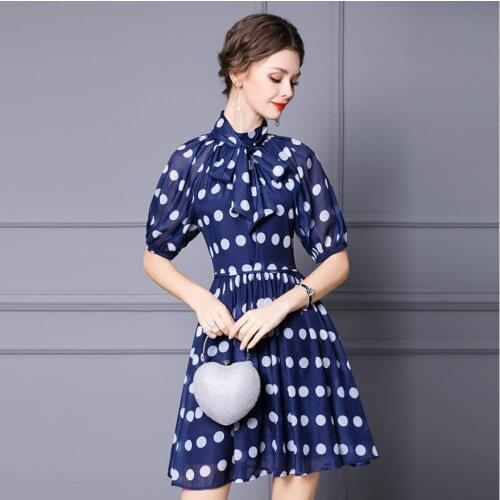Summer Ladies Short Sleeve Dot OL Young Style Dress Women Elegant Classy Sweet A-Line Skirt Printing Waist Blue Lovely Dresses