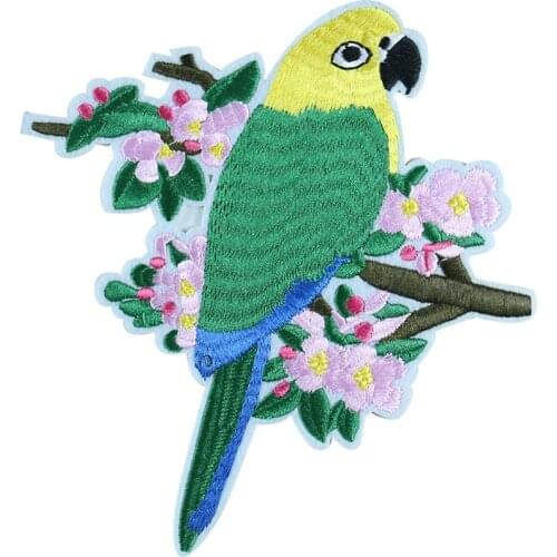 Parrot standing on a Branch Patch Big Embroidery Applique Animal Iron on Clothes Stickers Decor T-shirt Jackets DIY Apparel Sew
