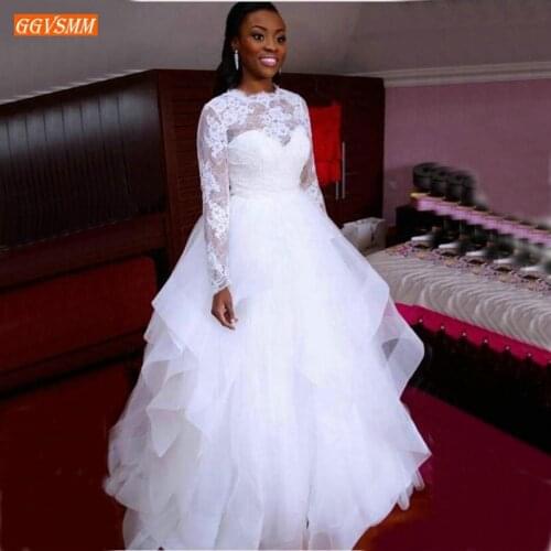Superior Muslim Africa Wedding Dresses Long Sleeves Lace Appliqued Dubai Arabic Wedding Gown Organza Ruffles Fluffy Bride Dress