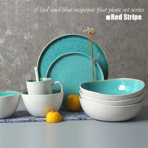 Direct Selling Ceramic Flat Round Plate Set Tableware Tray with Salad Bowl Mug Blue Ice Crack Hotel Restaurant