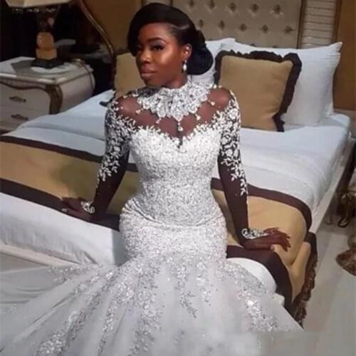 Luxury Wedding Dress 2020 Crystals Mermaid O-Neck Zipper Back Long Sleeves Beaded Cut-out Bride Dress Vestido De Noiva WD30611