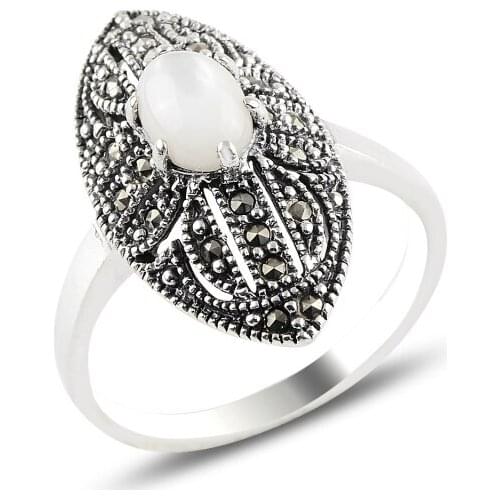 Silver 925 Sterling Pearl & Marcasite Ring
